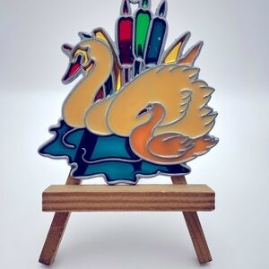 Vintage Stained Glass/Metal Suncatcher, Swans on a Pond with Cat Tails